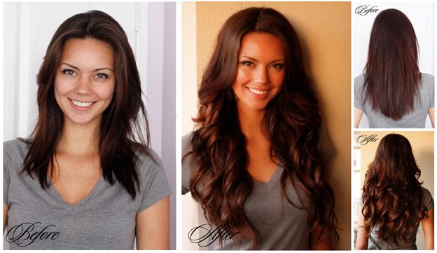 Before and after photos of an extensions client at Salon LaBrea