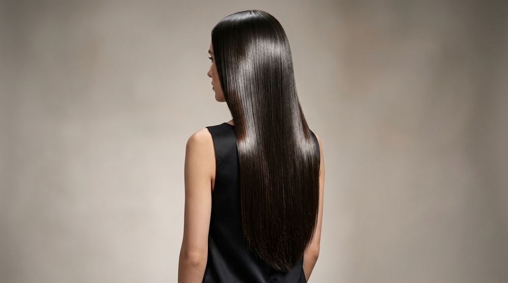 Sleek, smooth keratin-finished hair from behind